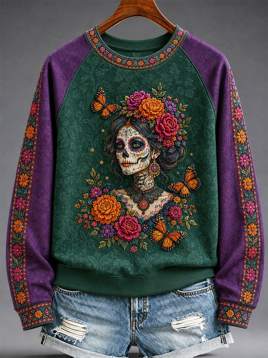 Sudadera casual con estampado artístico del Día de los Muertos mexicano para mujer