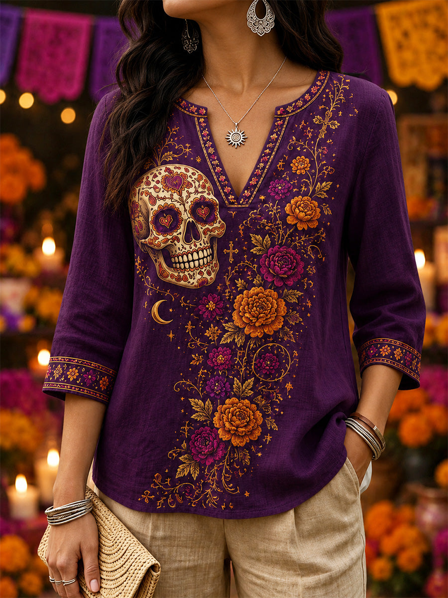 Camiseta informal con cuello en V y estampado artístico mexicano del Día de los Muertos para mujer