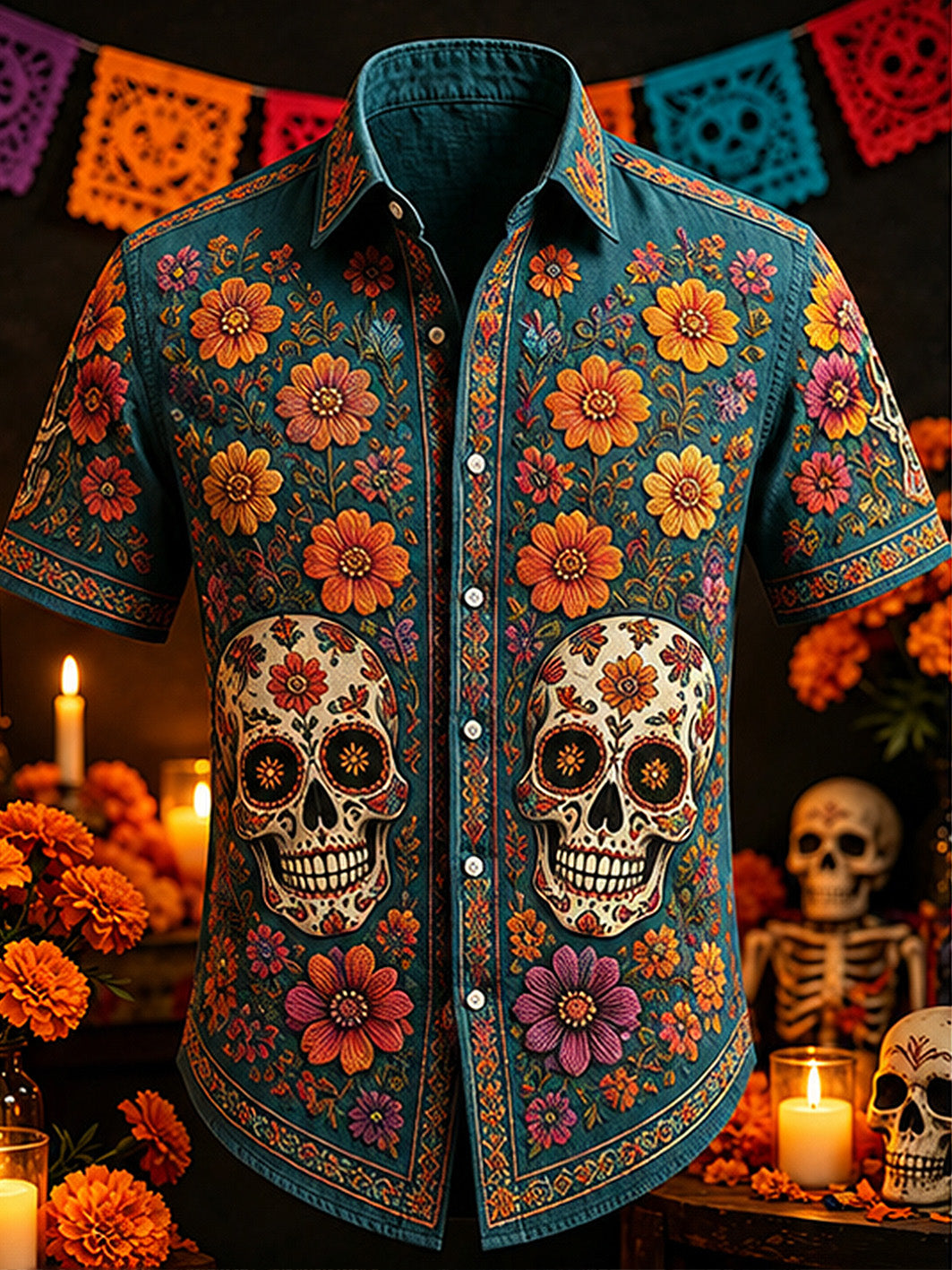 Camisa casual de manga corta para hombre con estampado de calaveras y caléndulas