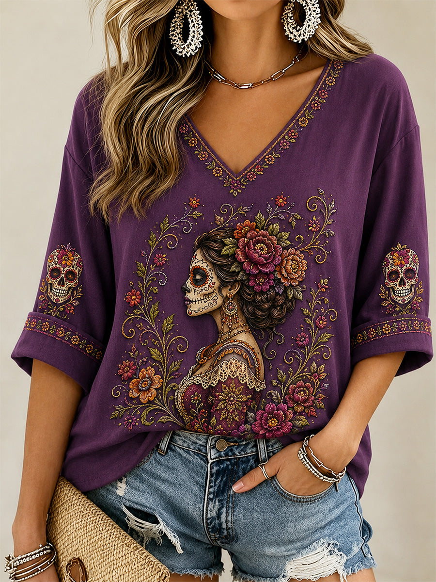 Camiseta informal con cuello en V y estampado artístico mexicano del Día de los Muertos para mujer