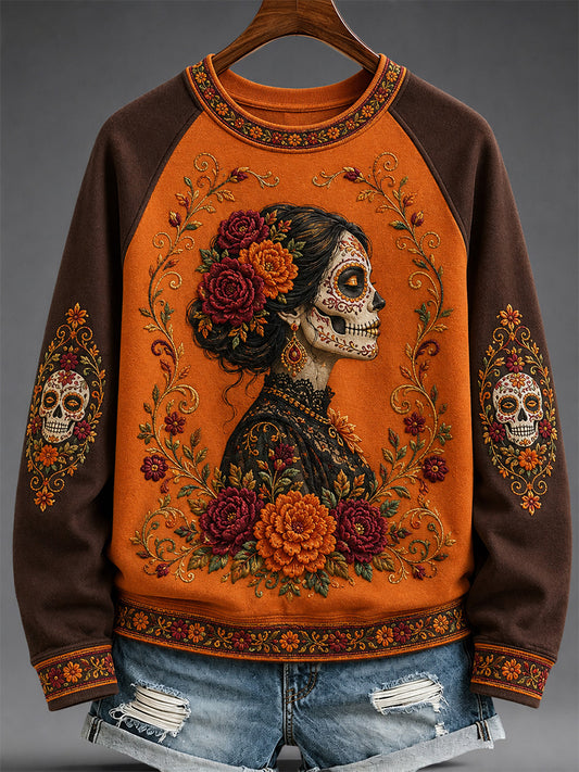 Sudadera casual con estampado artístico del Día de los Muertos mexicano para mujer