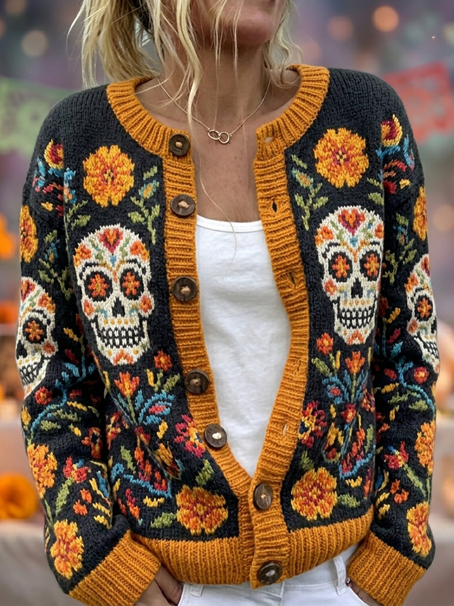 Cárdigan cómodo con diseño de calavera de azúcar del Día de Muertos y estampado floral mexicano para mujer
