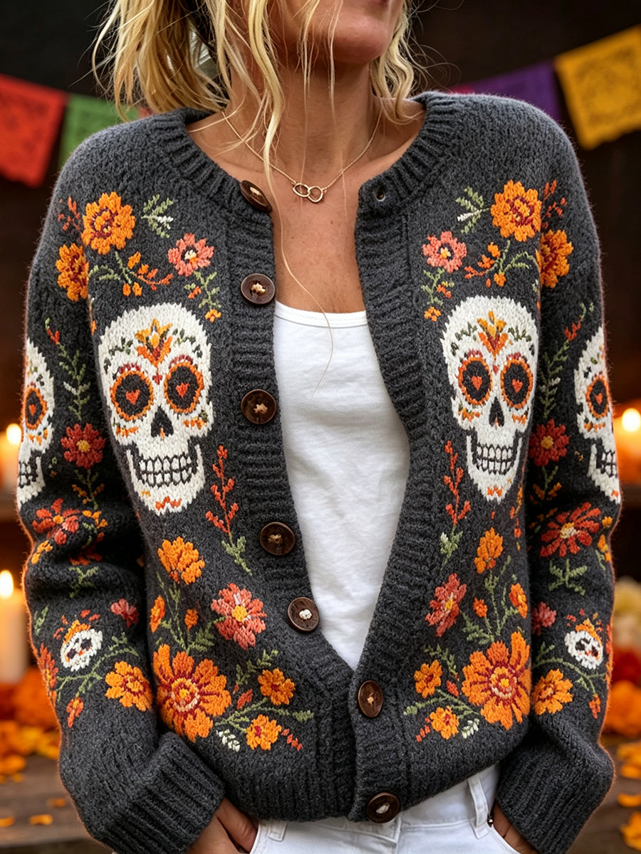 Cárdigan cómodo con diseño de calavera de azúcar del Día de Muertos y estampado floral mexicano para mujer