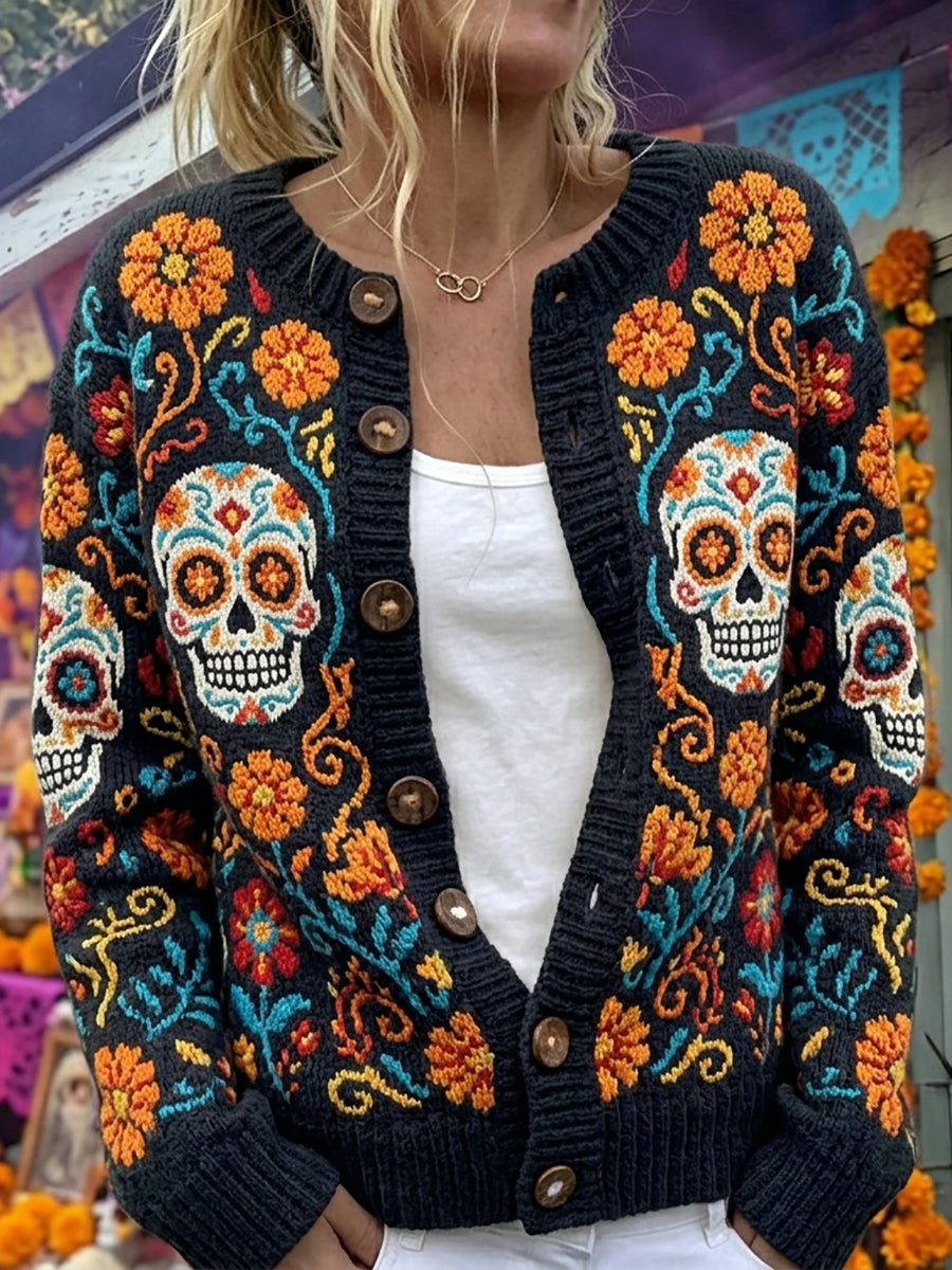 Cárdigan cómodo con diseño de calavera de azúcar del Día de Muertos y estampado floral mexicano para mujer