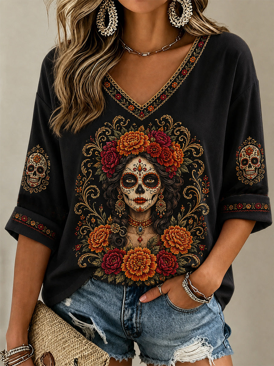 Camiseta informal con cuello en V y estampado artístico mexicano del Día de los Muertos para mujer