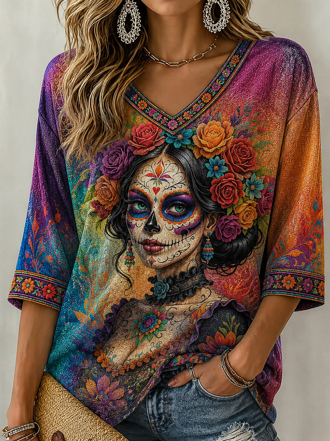 Camiseta casual de manga media con cuello en V, estampada con motivos del Día de la Muerte para mujer