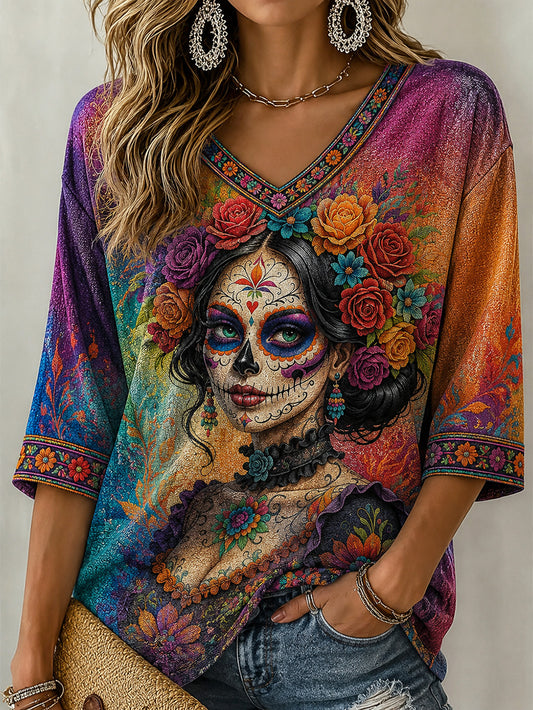 Camiseta casual de manga media con cuello en V, estampada con motivos del Día de la Muerte para mujer