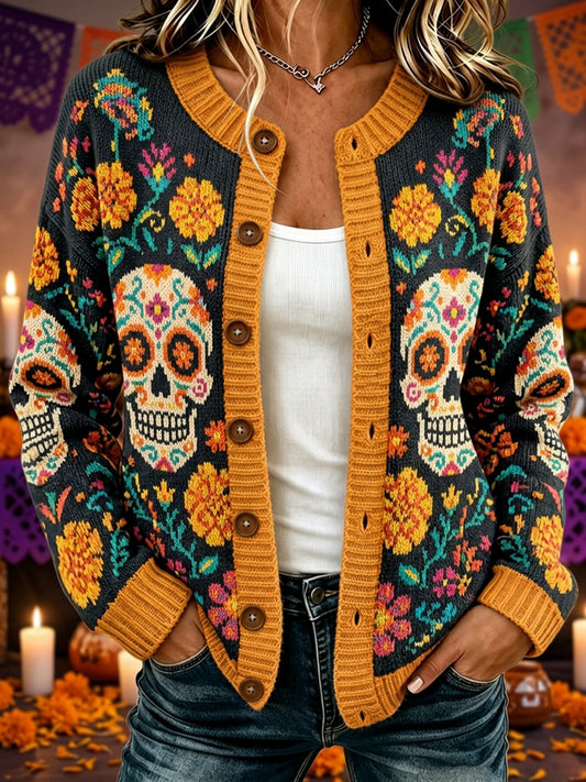 Cárdigan cómodo con diseño de calavera de azúcar del Día de Muertos y estampado floral mexicano para mujer