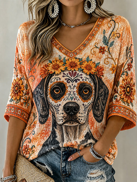 Día de las mujeres de los elementos de estilo muerto lindo perro patrón imprimir casual mediados de-longitud mangas con cuello en V camiseta
