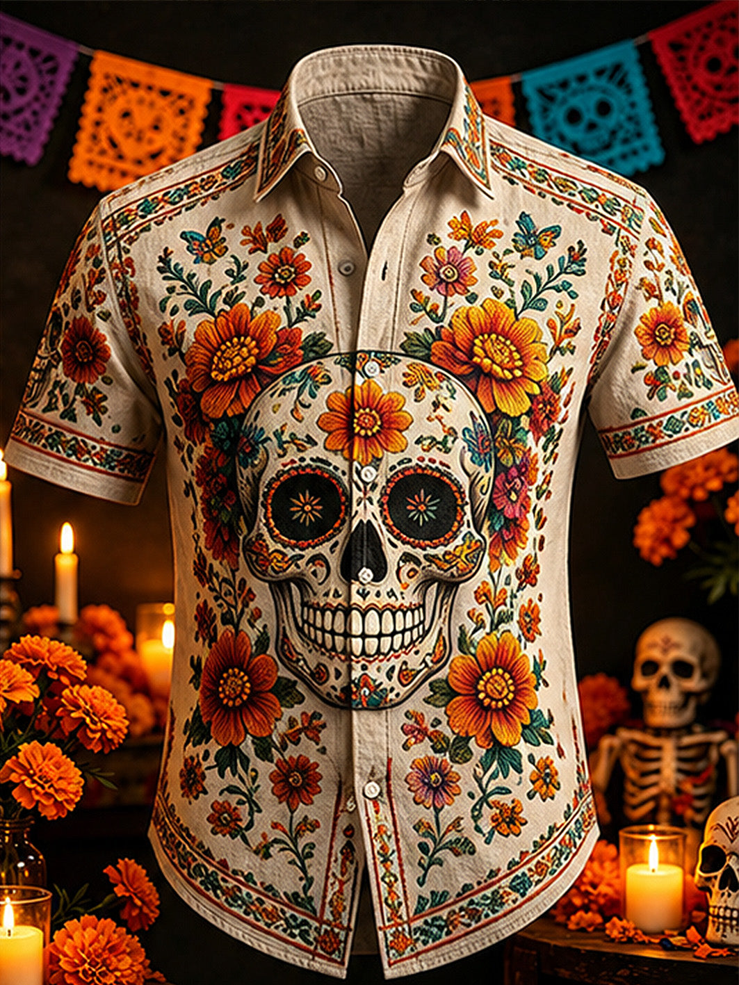 Camisa casual de manga corta para hombre con estampado de calaveras y caléndulas