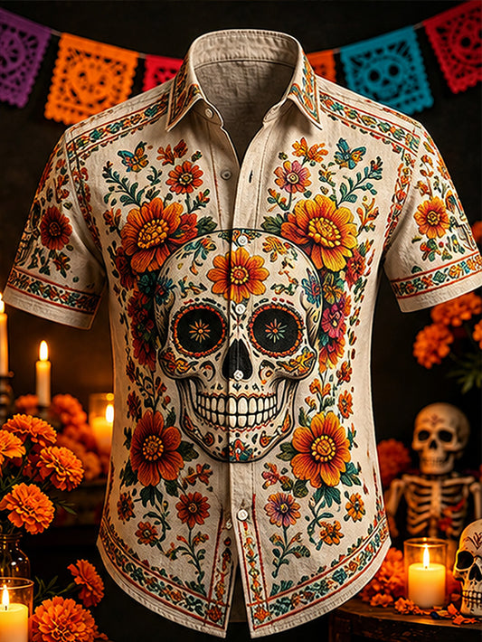 Camisa casual de manga corta para hombre con estampado de calaveras y caléndulas