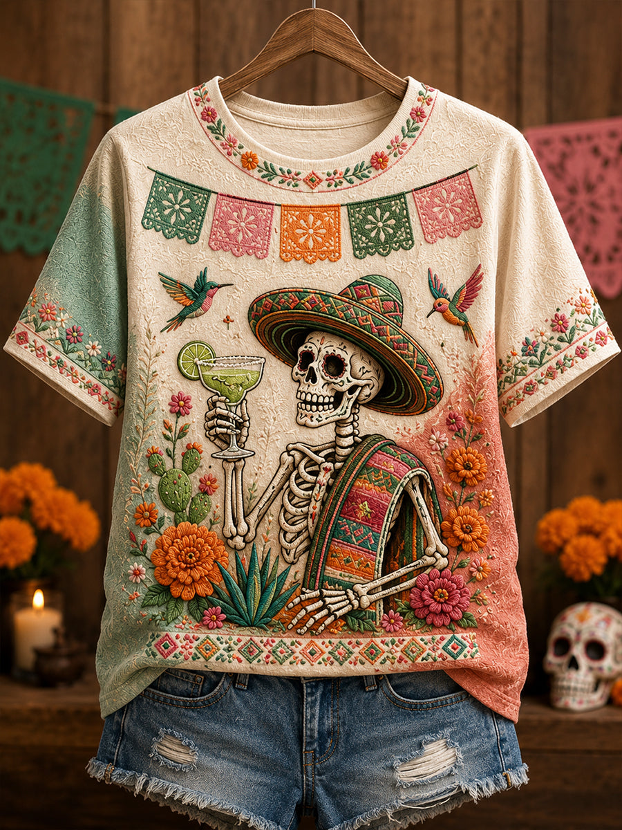 Camiseta de manga corta para mujer con diseño del Día de los Muertos de México