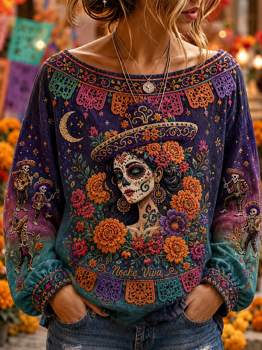 Camiseta de manga larga de algodón de lino de México para mujer