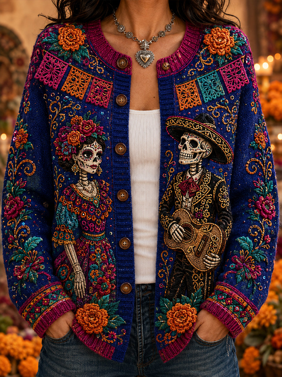 Cárdigan con botones y estampado del Día de los Muertos de México para mujer