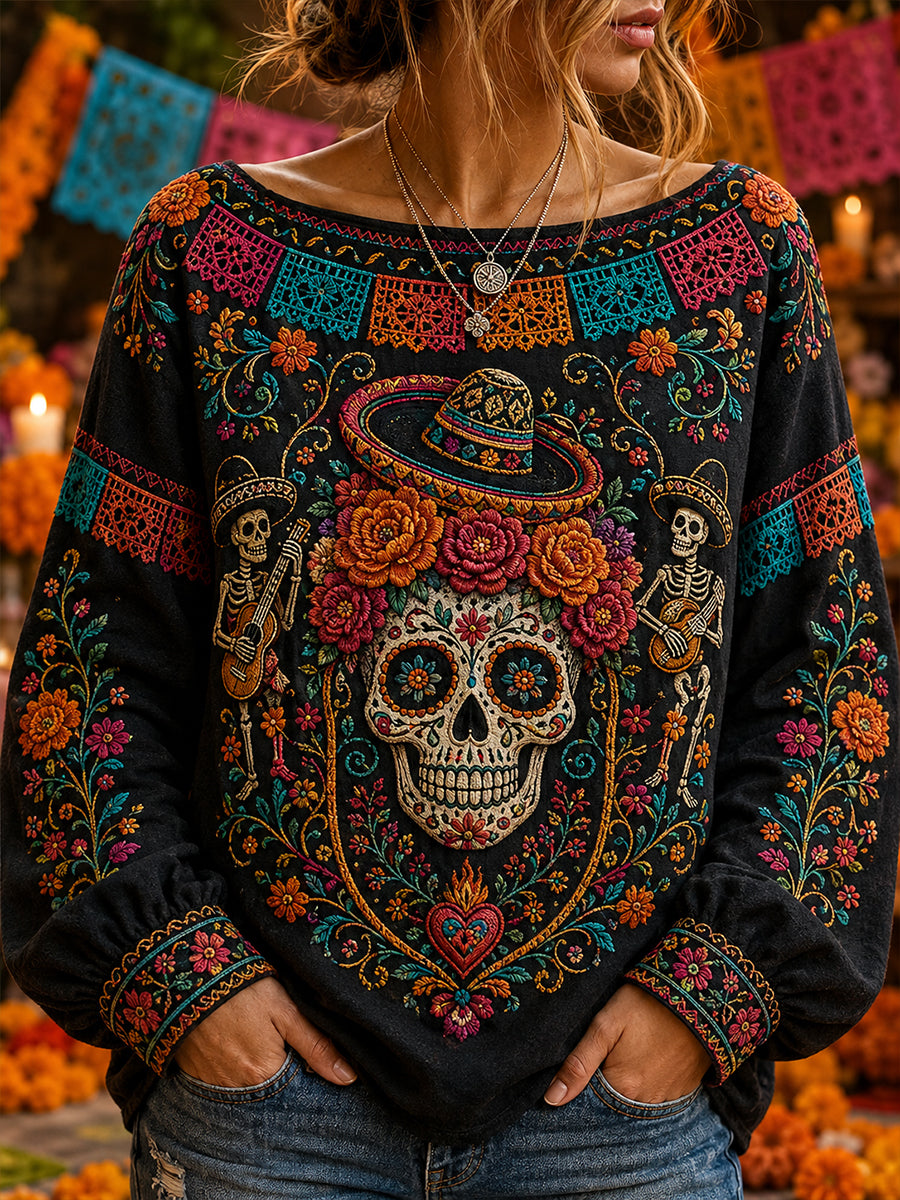 Camiseta de manga larga de algodón y lino para el Día de los Muertos de México, diseño femenino