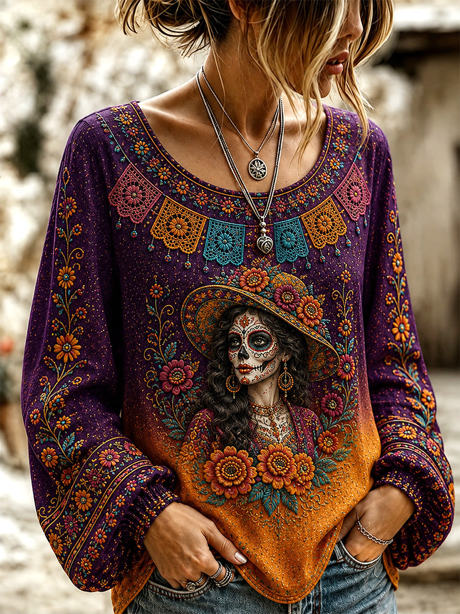 Camiseta casual con estampado artístico del Día de los Muertos mexicano para mujer