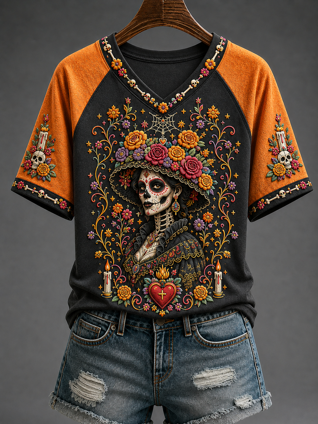 Camiseta de manga corta con cuello en V para mujer del día de los muertos
