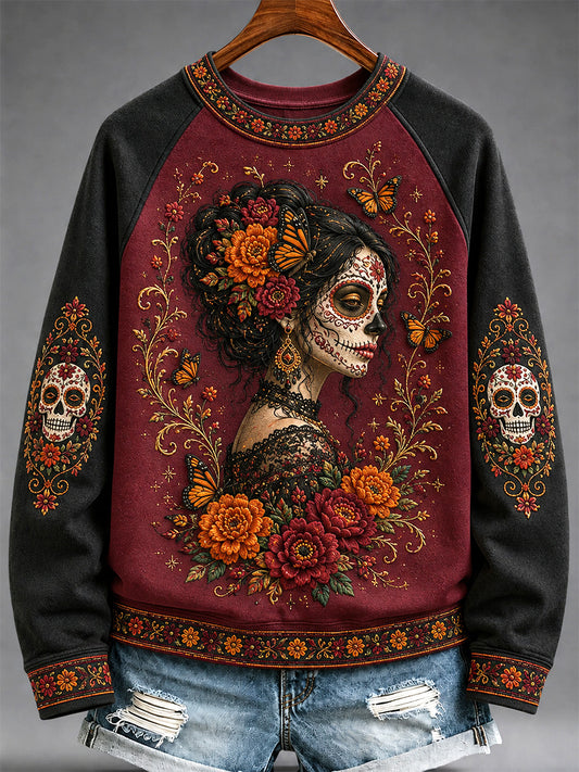 Sudadera casual con estampado artístico del Día de los Muertos mexicano para mujer