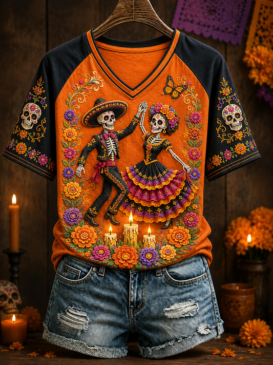 Camiseta de mujer con cuello en V y hombros descubiertos, de manga corta, inspirada en el Día de los Muertos