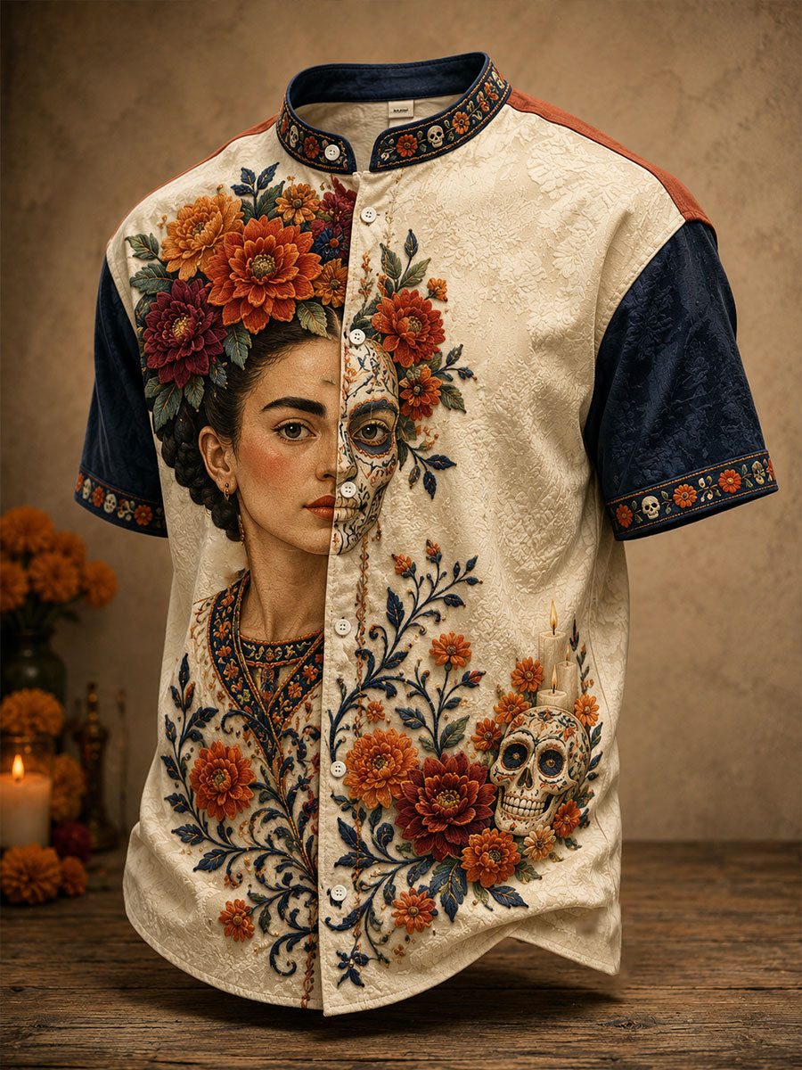 Camisa estampada con diseño floral del Día de los Muertos mexicano para hombre