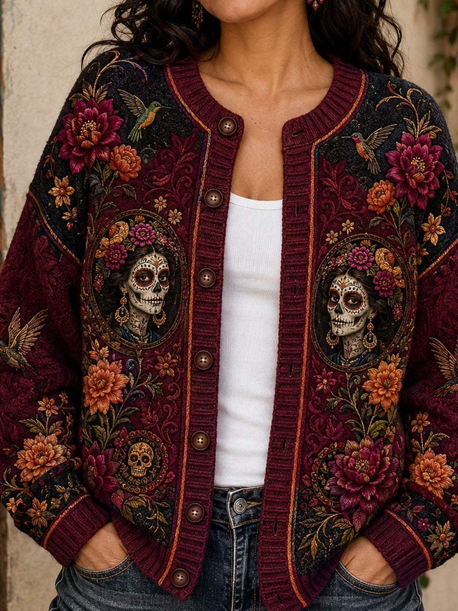 Chaqueta de punto estilo cárdigan para mujer, con estampado floral inspirado en el Día de los Muertos de México