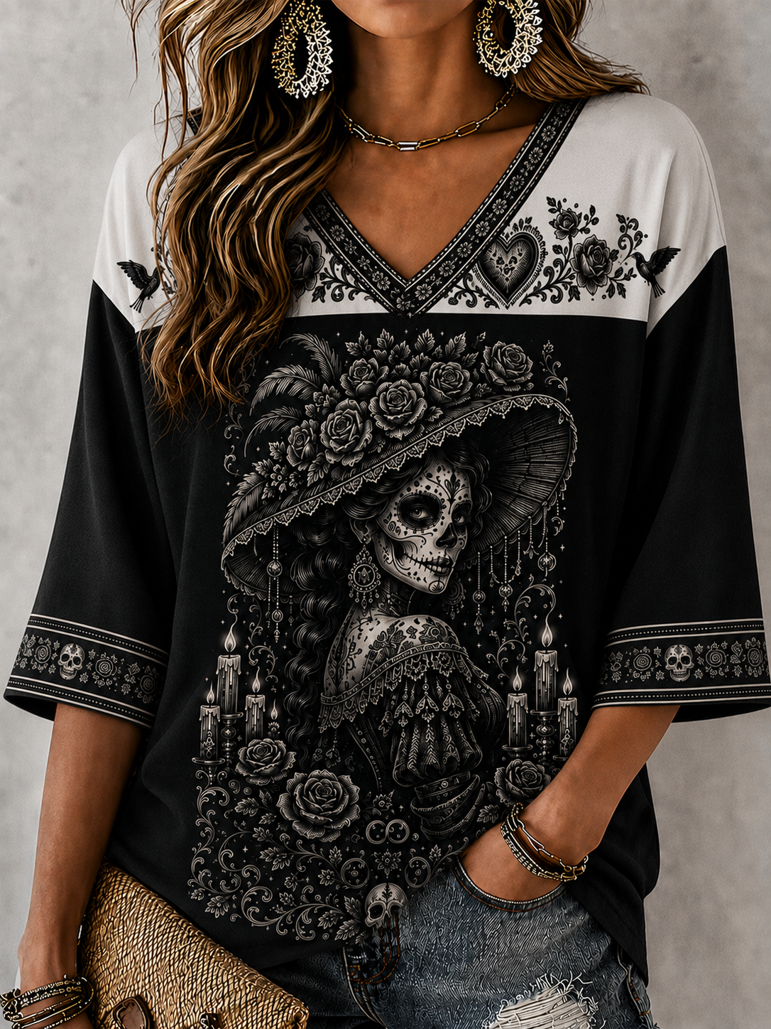 Camiseta con cuello en V y mangas medias para mujer