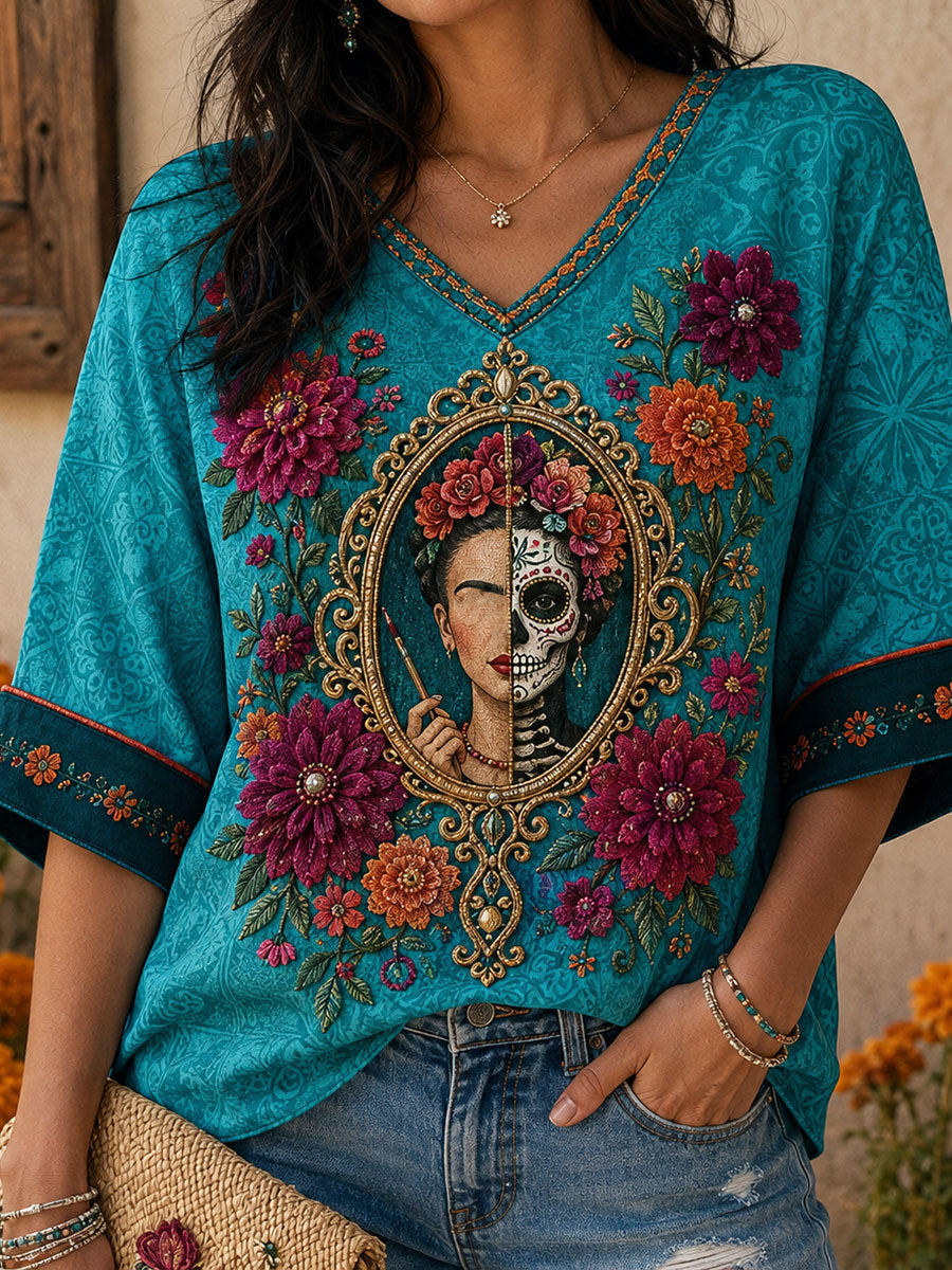 Camiseta estampada con arte floral del Día de los Muertos mexicano para mujer