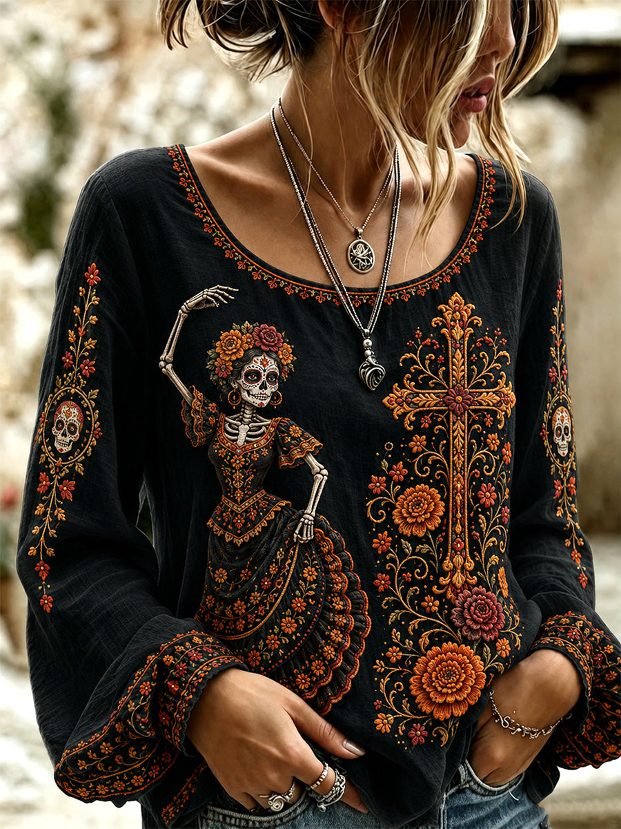 Camiseta casual con estampado artístico del Día de los Muertos mexicano para mujer