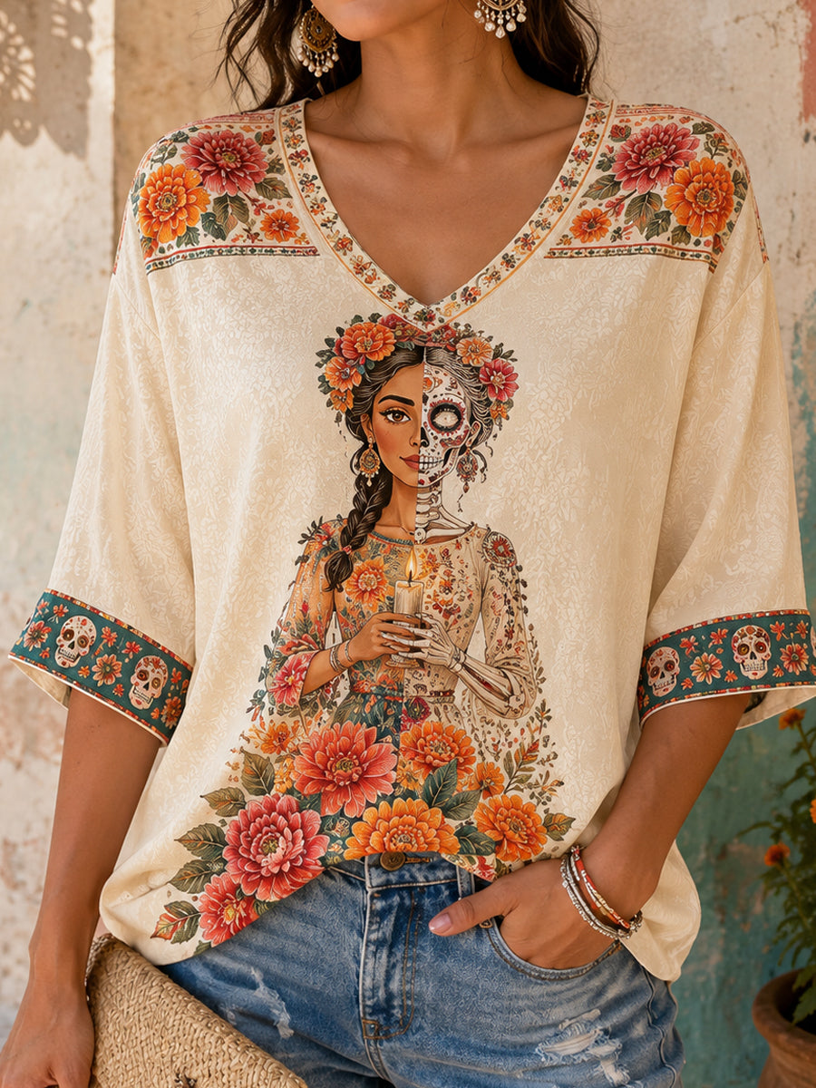 Camiseta estampada con arte floral del Día de los Muertos mexicano para mujer