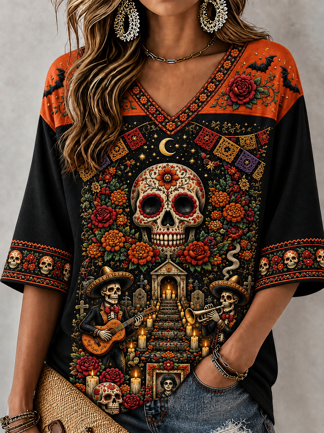 Camiseta de manga media con cuello en V para el Día de la Muerte femenino