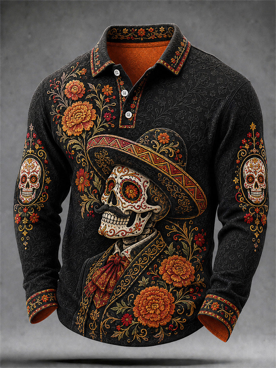 México Día de los Muertos de los hombres de impresión de arte Casual Polo de manga larga