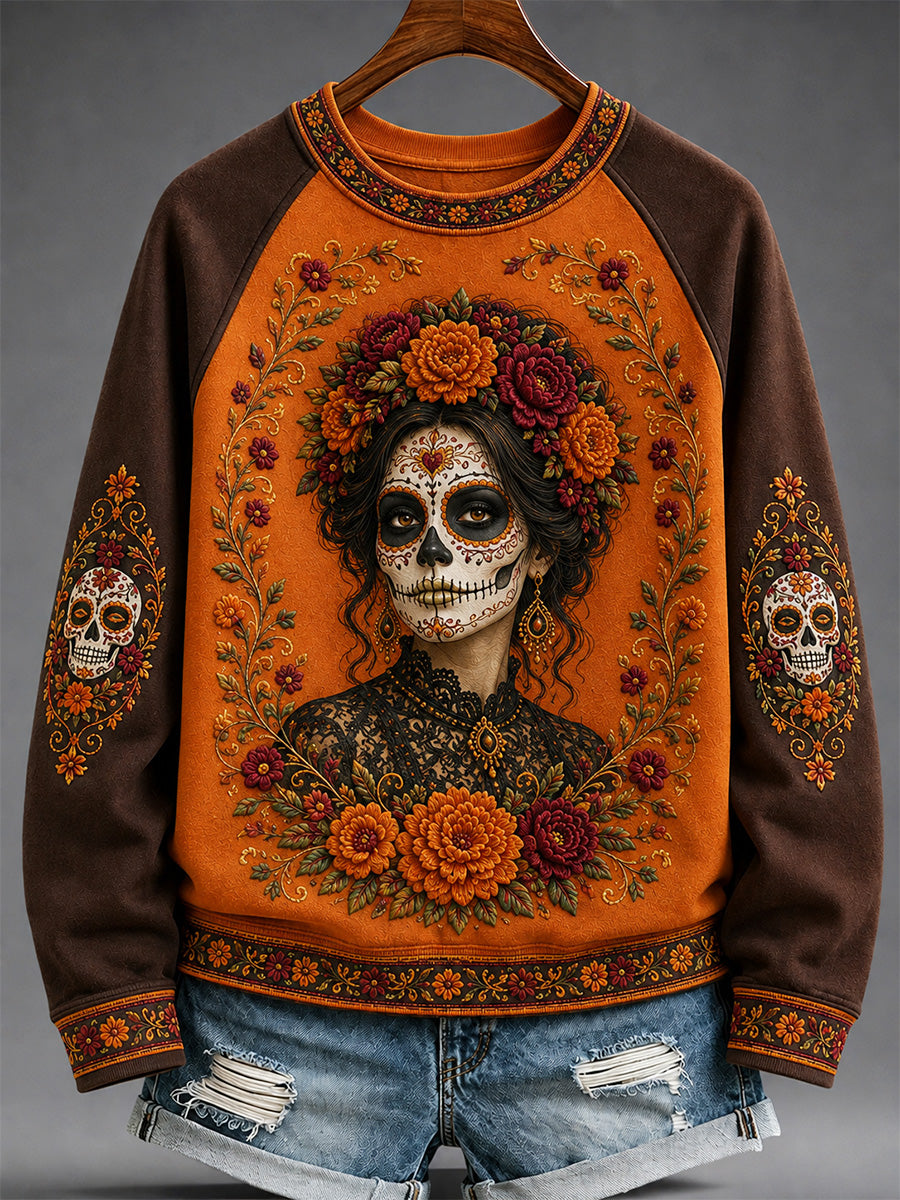 Sudadera casual con estampado artístico del Día de los Muertos mexicano para mujer