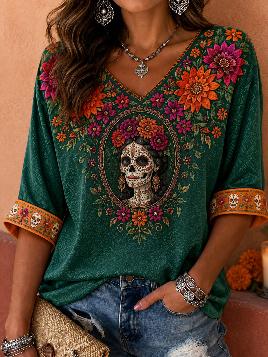 Camiseta estampada con arte floral del Día de los Muertos mexicano para mujer