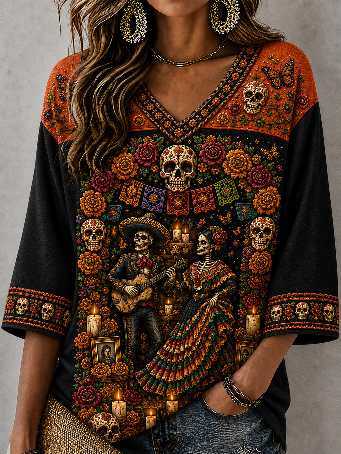 Camiseta de manga media con cuello en V para el Día de la Muerte femenino