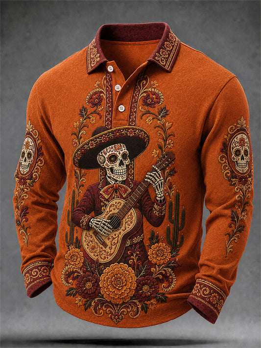 Poló casual de manga larga para hombre con estampado artístico del Día de los Muertos mexicano