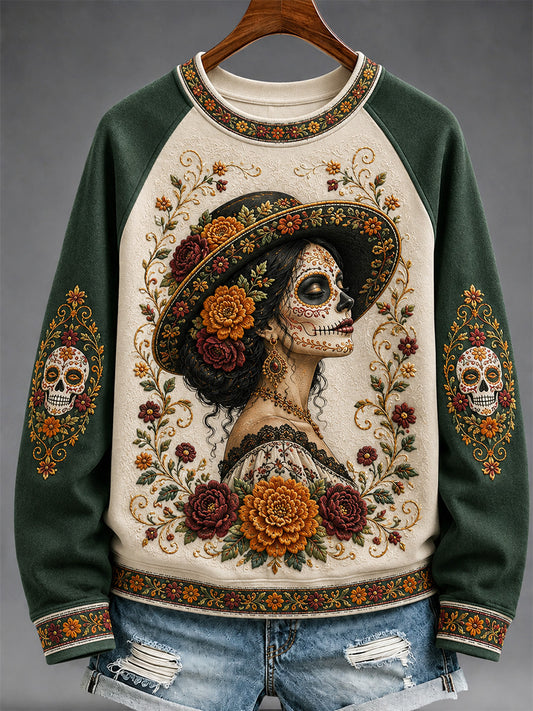 Sudadera casual con estampado artístico del Día de los Muertos mexicano para mujer