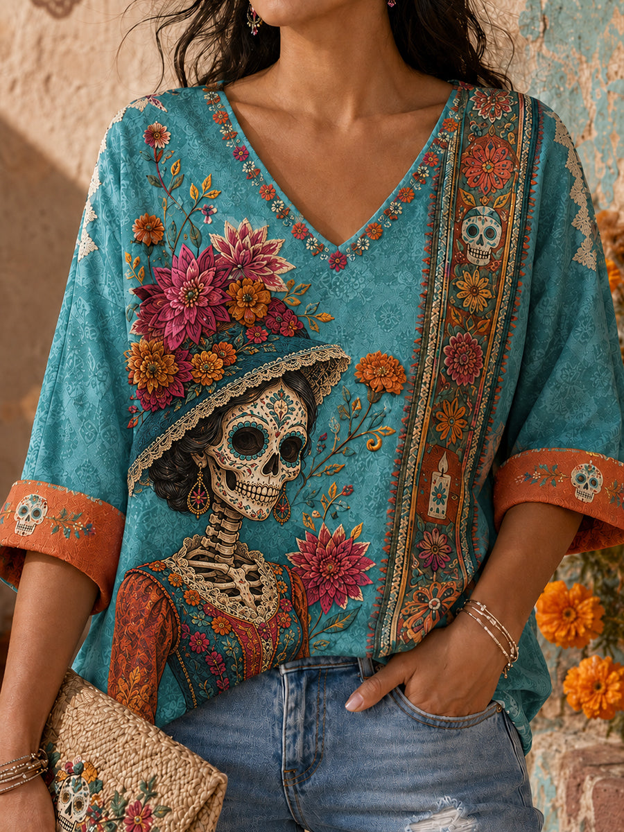 Camiseta estampada con arte floral del Día de los Muertos mexicano para mujer