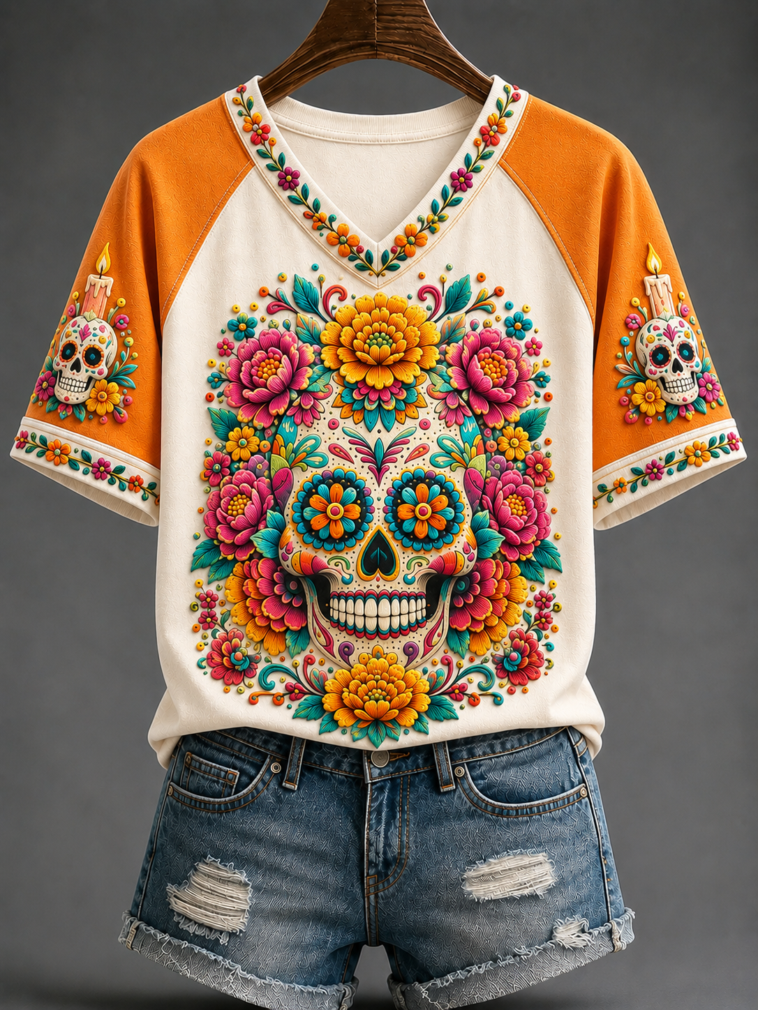 Camiseta de manga corta con cuello en V para mujer del día de los muertos