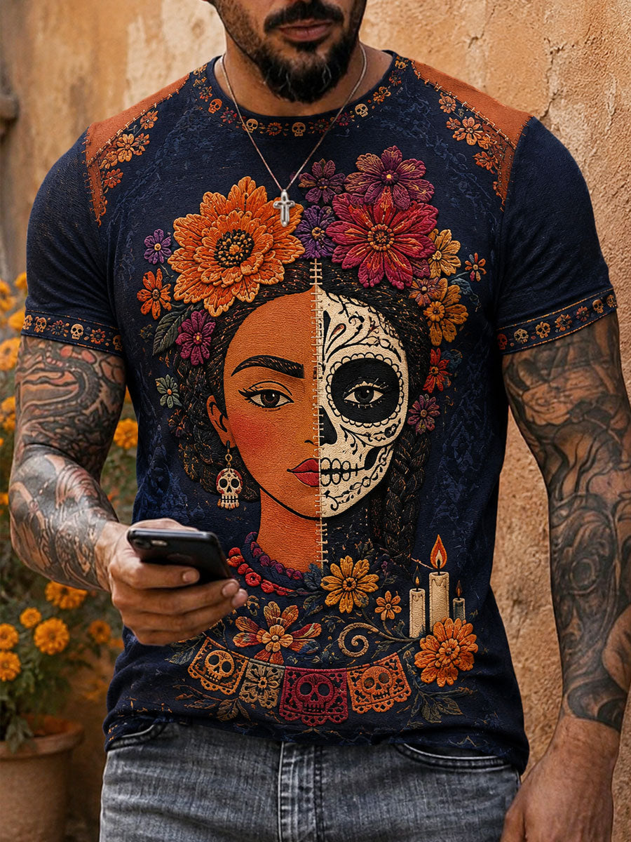 Camiseta para hombre con estampado floral de Día de Muertos mexicano