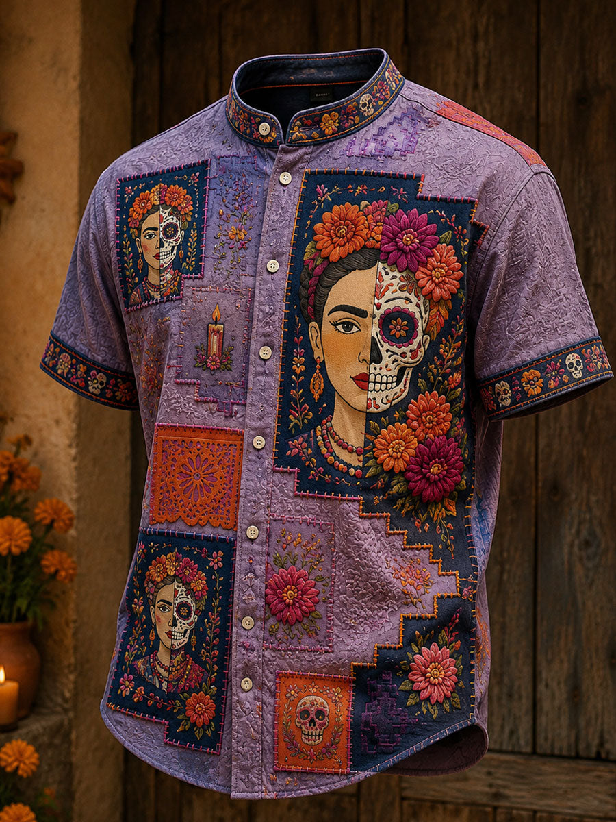 Camisa estampada con diseño floral del Día de los Muertos mexicano para hombre