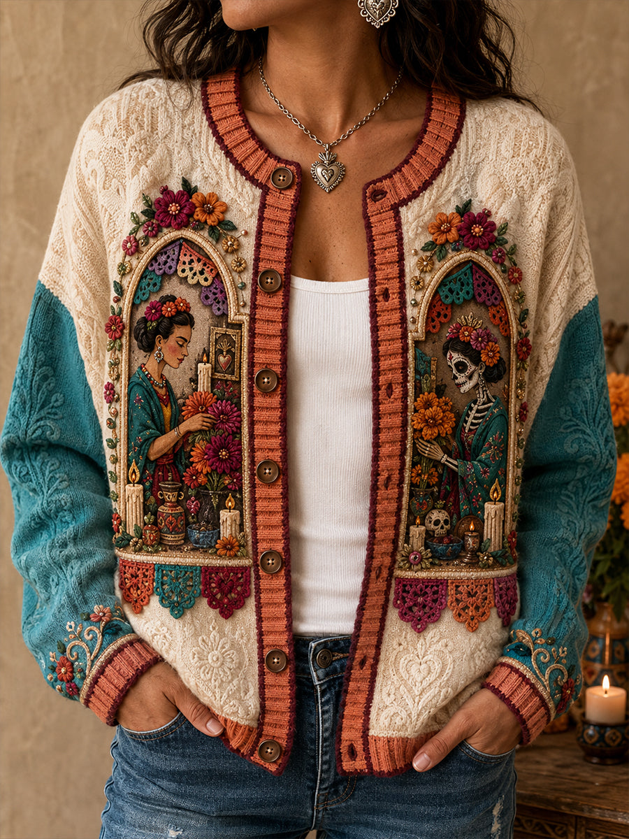 Chaqueta de punto estilo cárdigan para mujer, con estampado floral inspirado en el Día de los Muertos de México