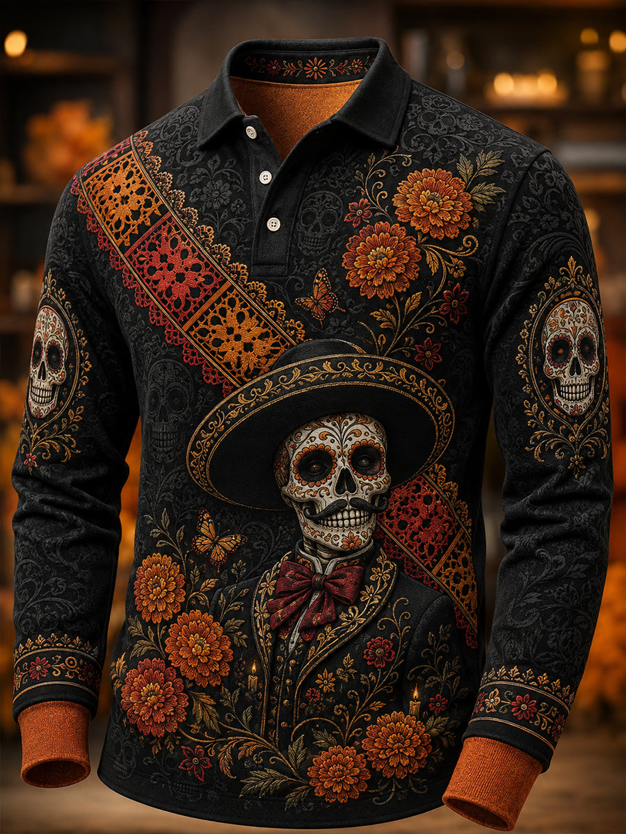 Camisa de manga larga para hombre con diseño del Día de los Muertos de México