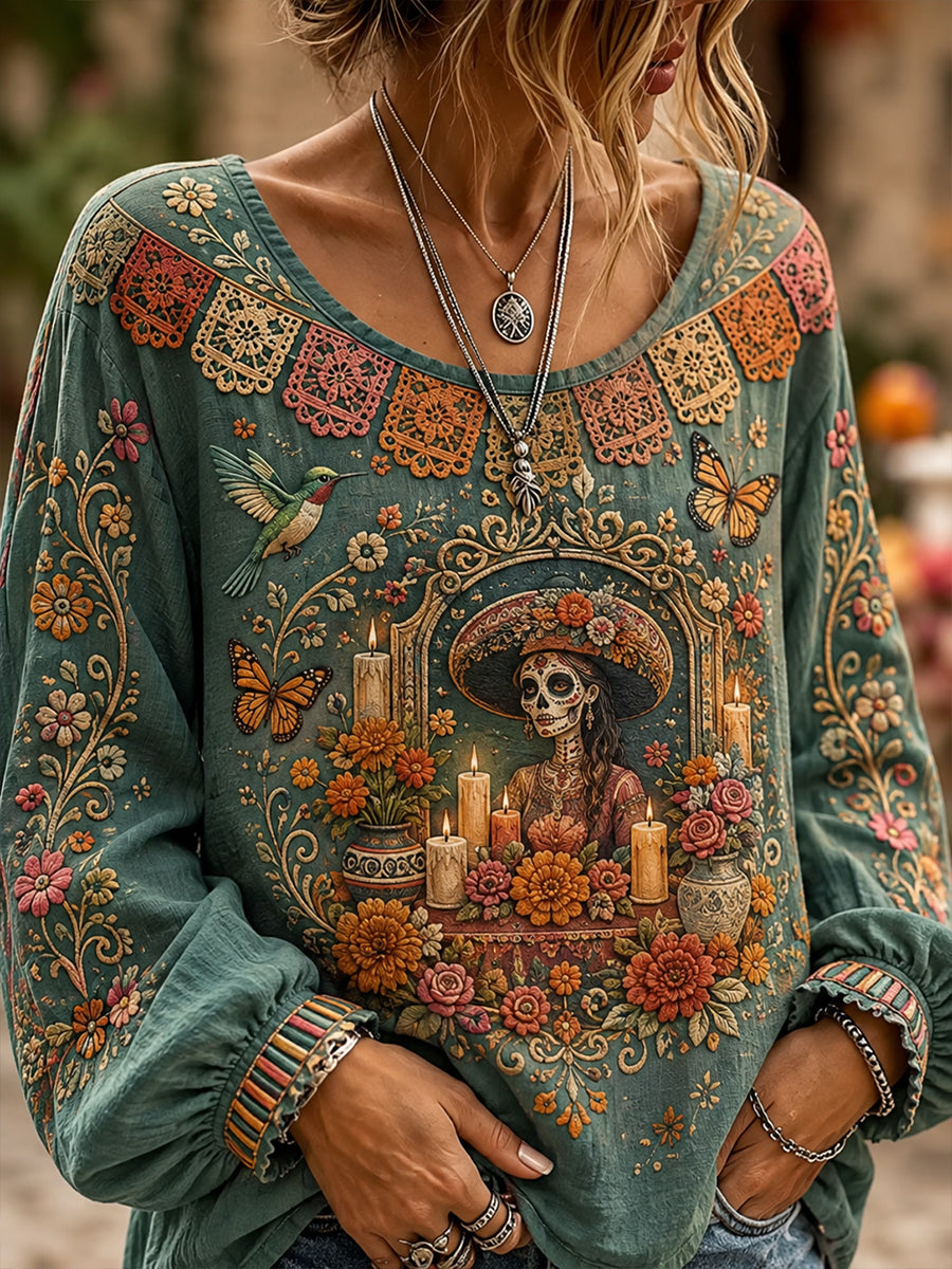 Camisa de algodón y lino para el Día de los Muertos de México, estilo femenino