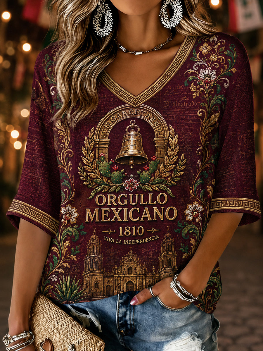 Día de la Independencia mexicana de las mujeres bordado patrón de lino con cuello en V Camisa