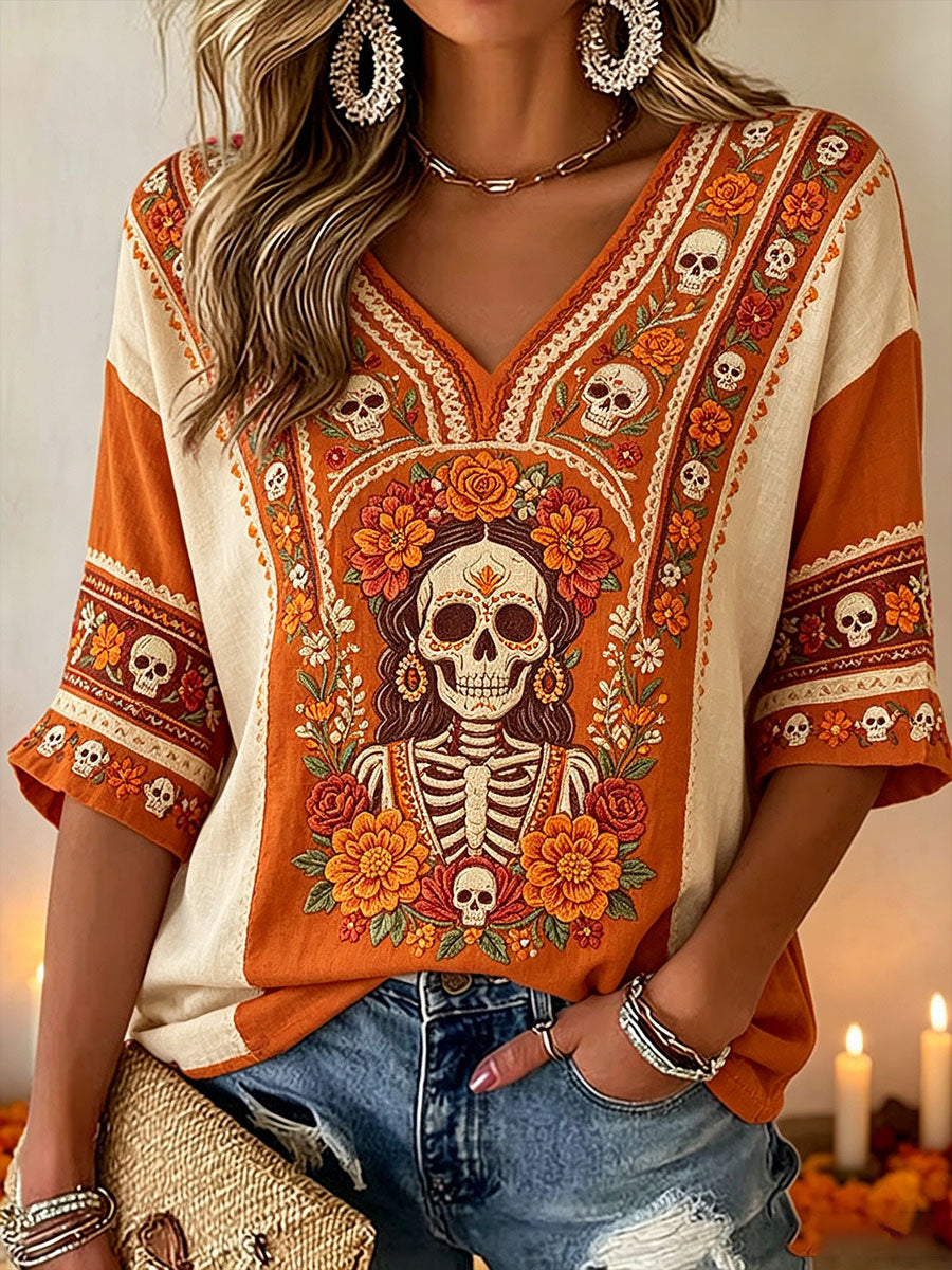 Camiseta estampada con arte floral del Día de los Muertos mexicano para mujer