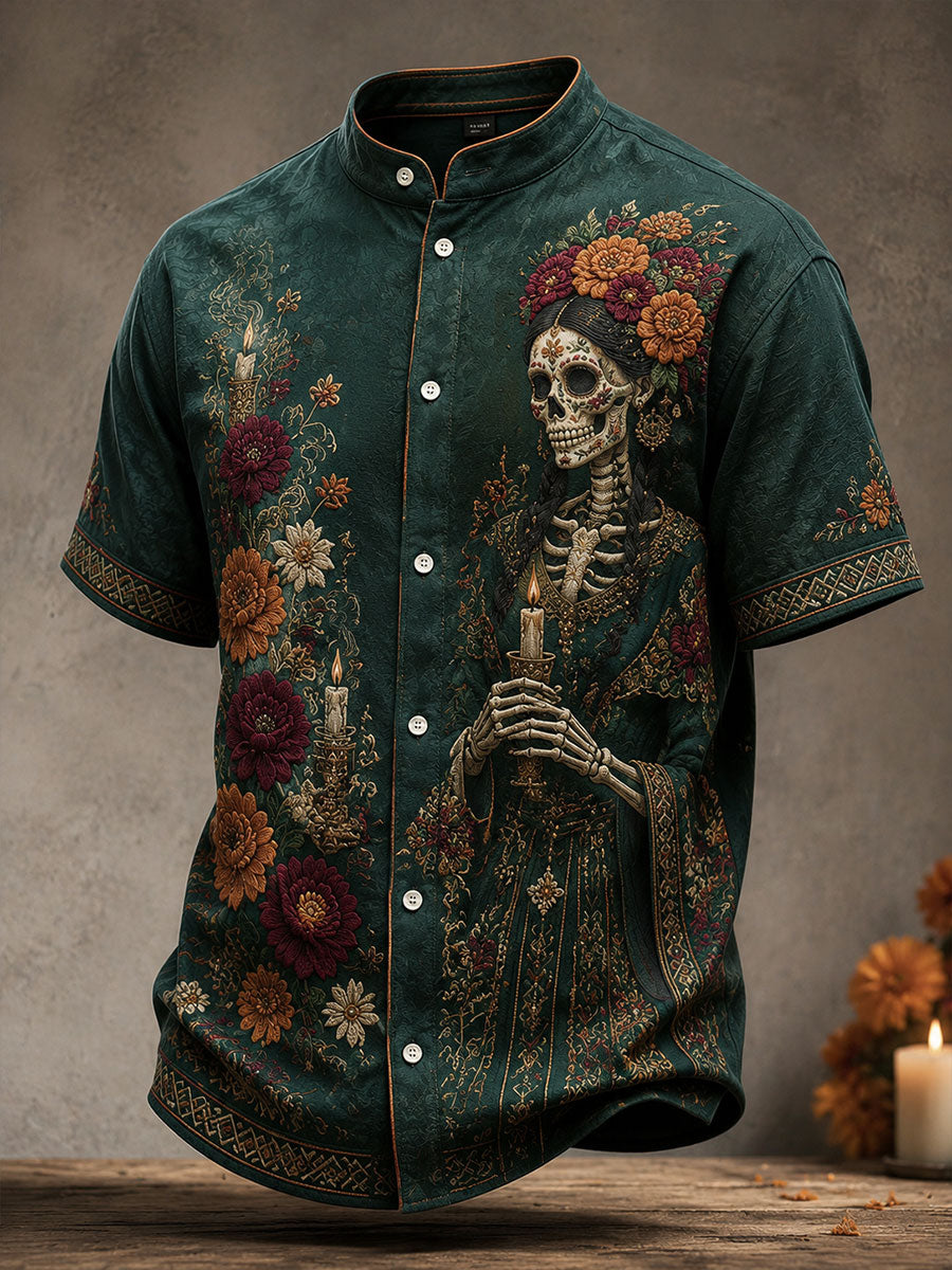 Camisa estampada con diseño floral del Día de los Muertos mexicano para hombre