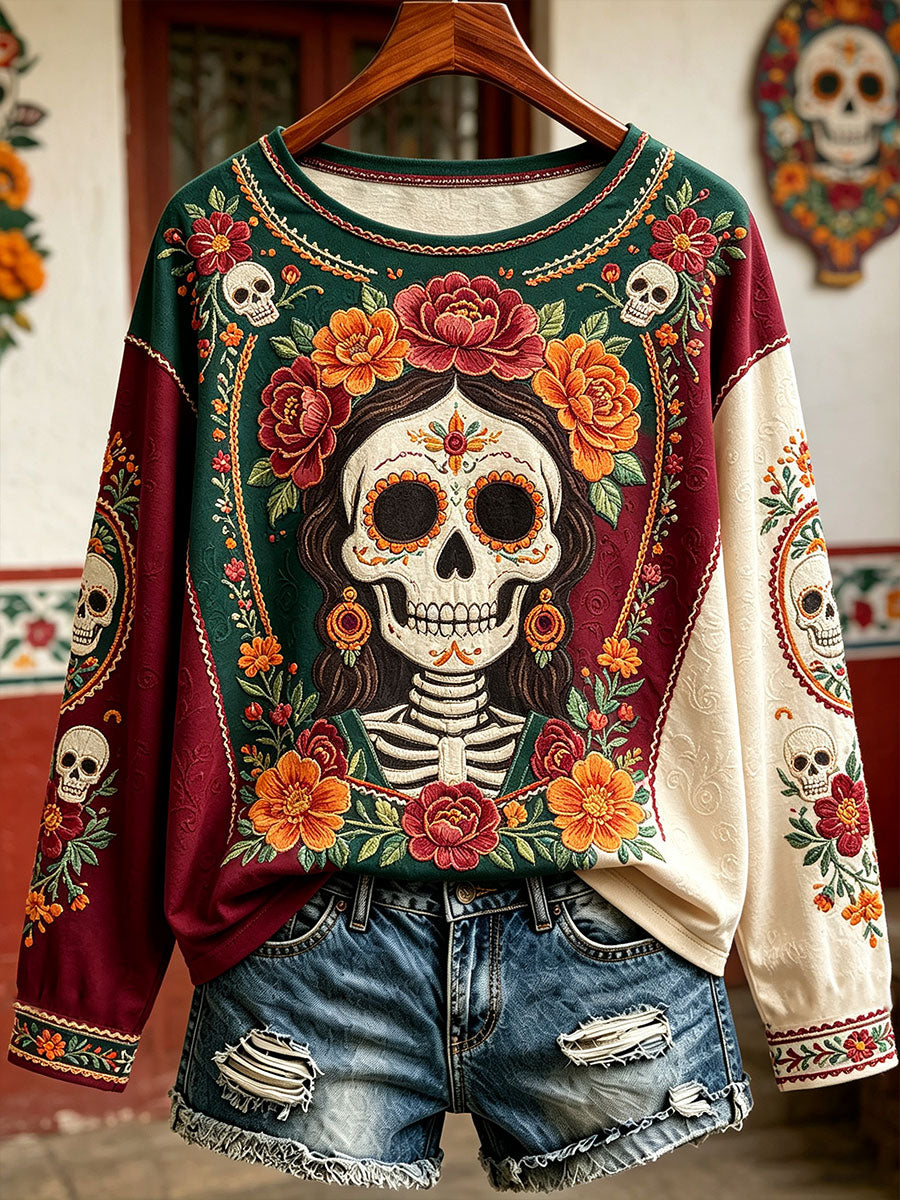 Camiseta estampada con arte floral del Día de los Muertos mexicano para mujer