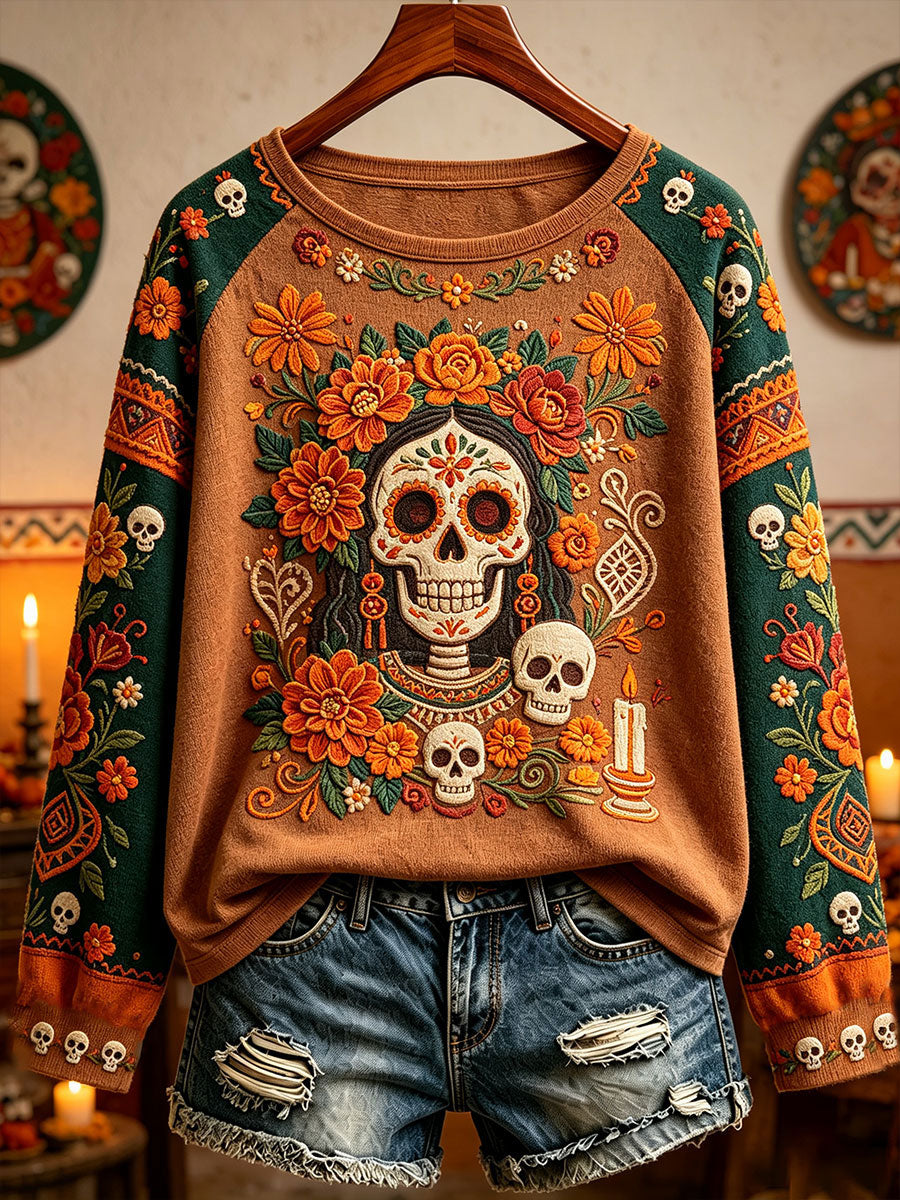 Camiseta estampada con arte floral del Día de los Muertos mexicano para mujer
