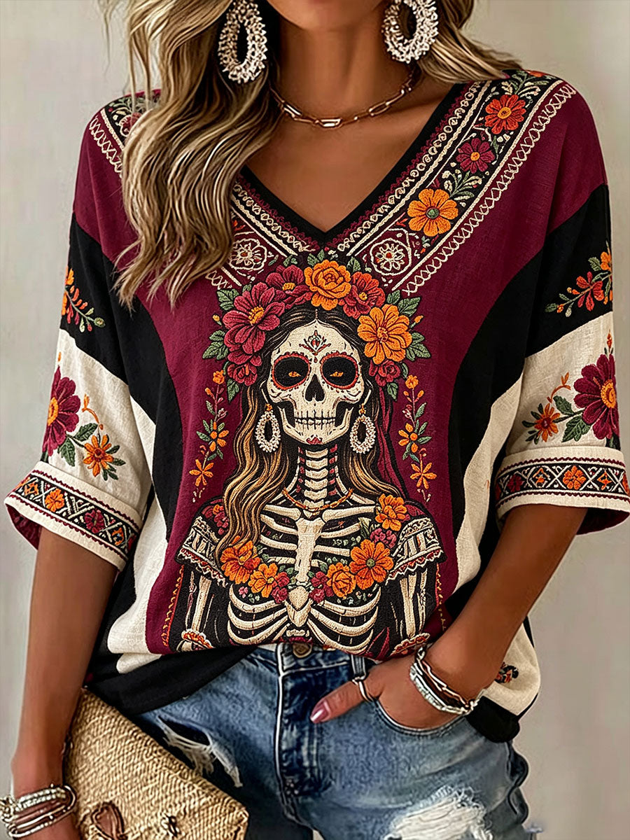Camiseta estampada con arte floral del Día de los Muertos mexicano para mujer
