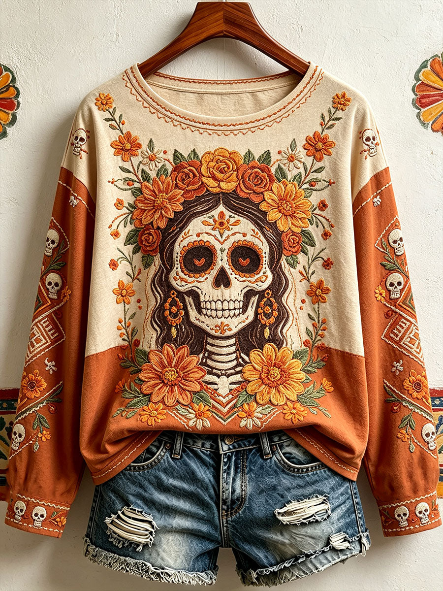 Camiseta estampada con arte floral del Día de los Muertos mexicano para mujer